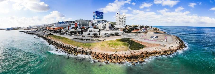 Aerial panoramic view of the Rambam Health Care Campus from the Mediterranean