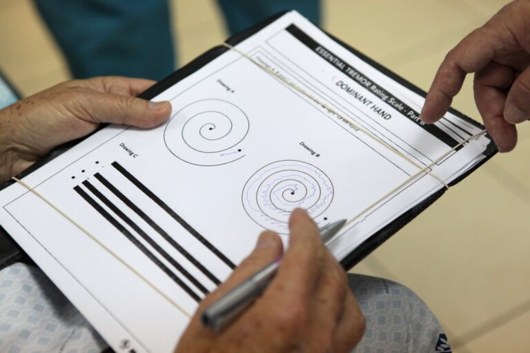 Spiral drawings on an essential tremor rating test sheet